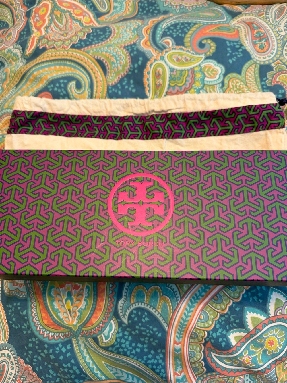 Tory Burch Pink and Green Geometric Logo Box and Pouch